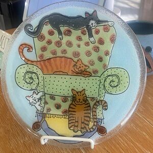 Vintage Peggy Karr Cat Multi color Glass Plate | 7.75" wide  Made In U.S.A. |